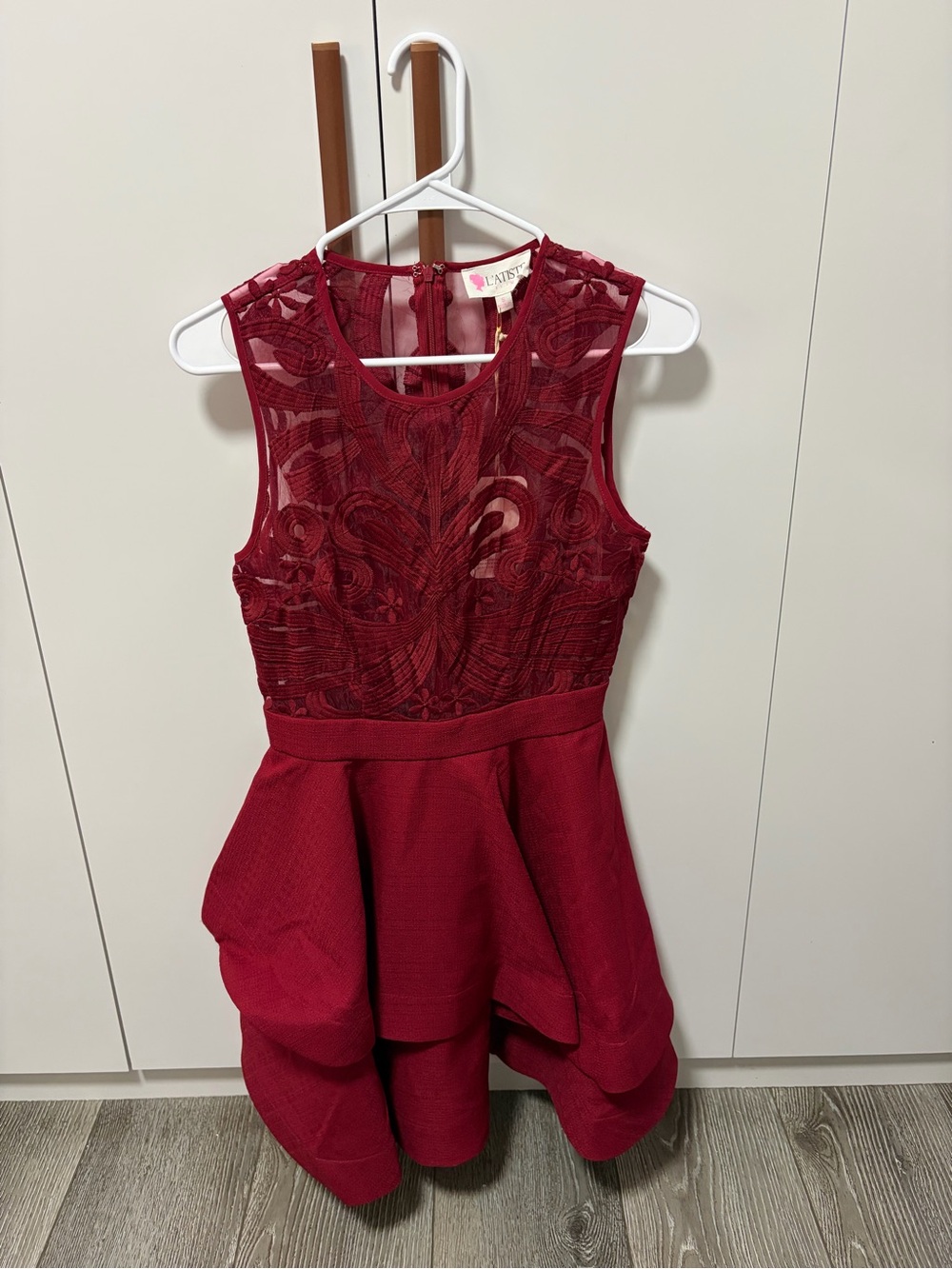 L'ATISTE Burgundy Lace Bodice Peplum Party Dress